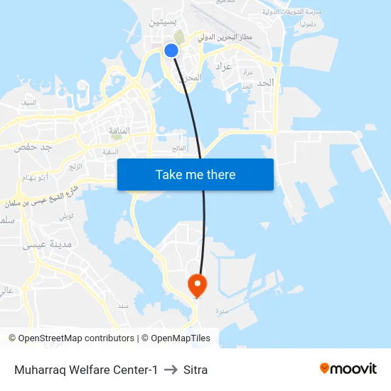 Muharraq Welfare Center-1 to Sitra map