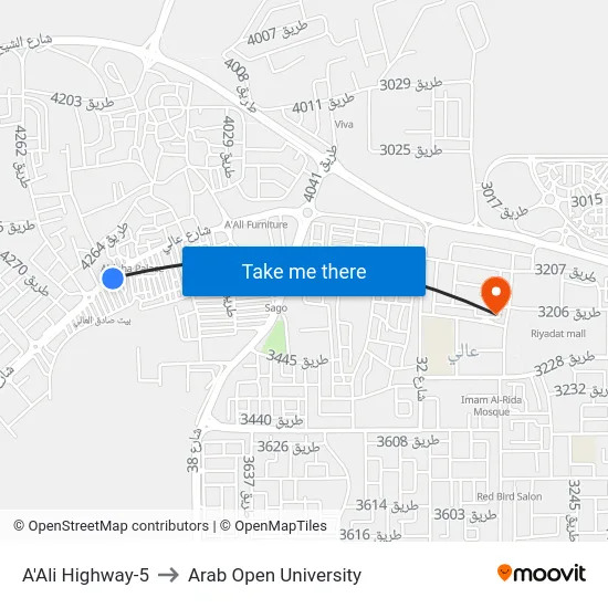 A'Ali Highway-5 to Arab Open University map