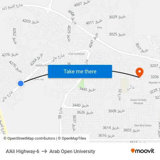 A'Ali Highway-6 to Arab Open University map