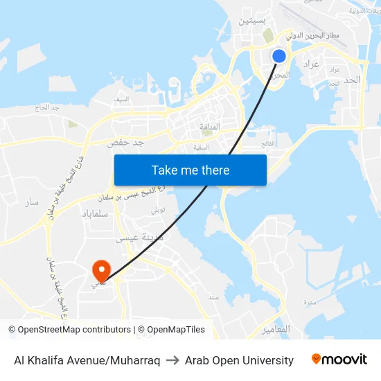 Al Khalifa Avenue/Muharraq to Arab Open University map