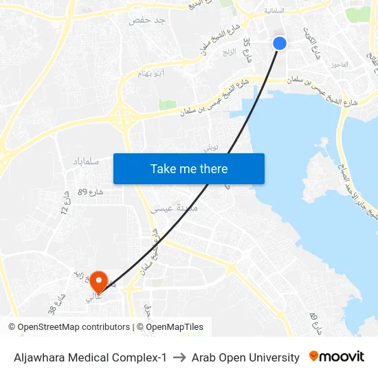 Aljawhara Medical Complex-1 to Arab Open University map