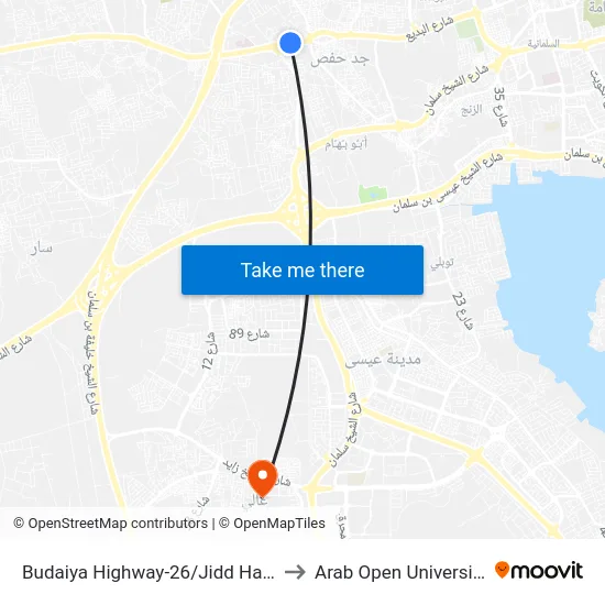 Budaiya Highway-26/Jidd Hafs to Arab Open University map