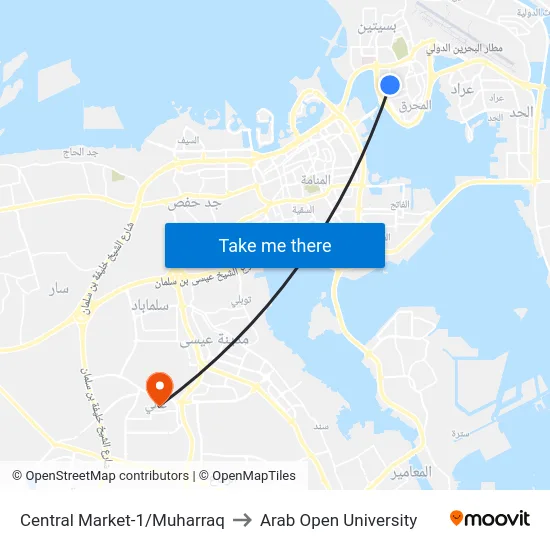 Central Market-1/Muharraq to Arab Open University map
