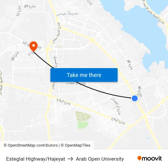 Esteglal Highway/Hajeyat to Arab Open University map