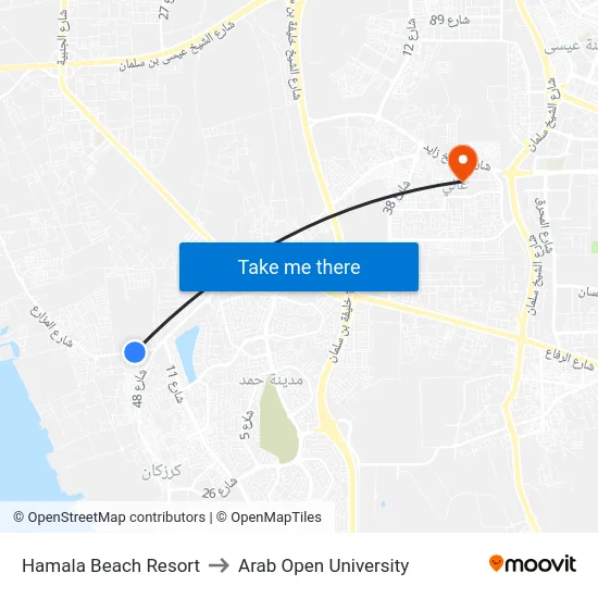 Hamala Beach Resort to Arab Open University map
