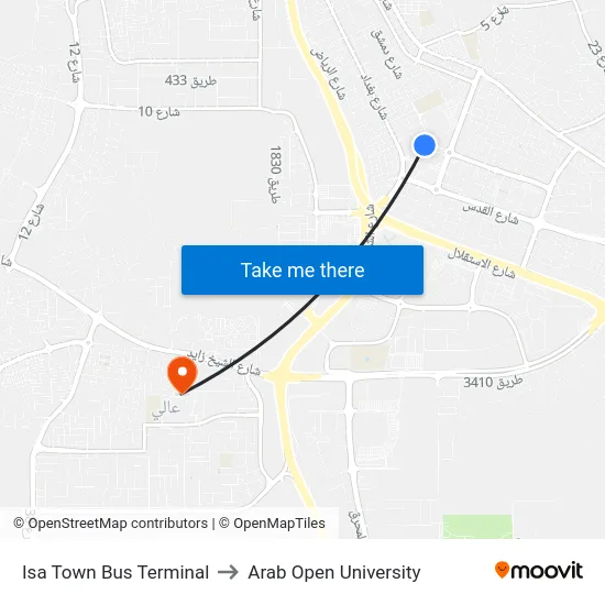 Isa Town Bus Terminal to Arab Open University map