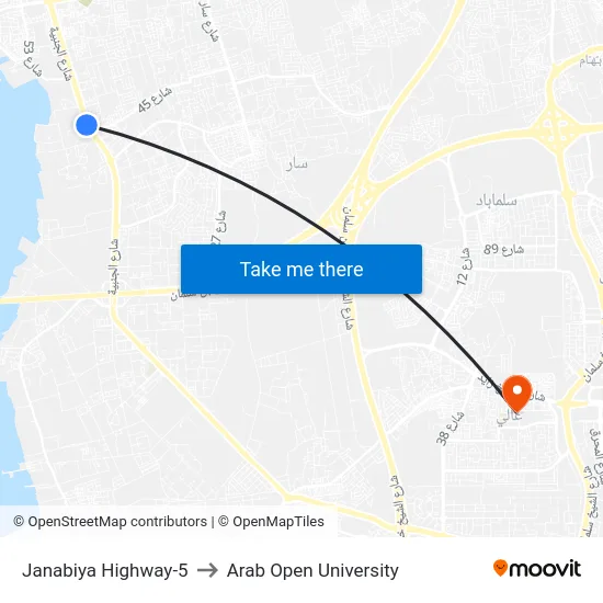 Janabiya Highway-5 to Arab Open University map