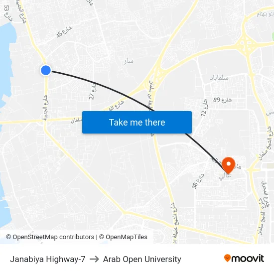Janabiya Highway-7 to Arab Open University map