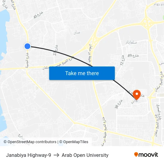 Janabiya Highway-9 to Arab Open University map