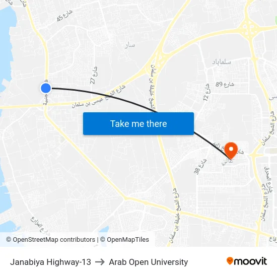 Janabiya Highway-13 to Arab Open University map