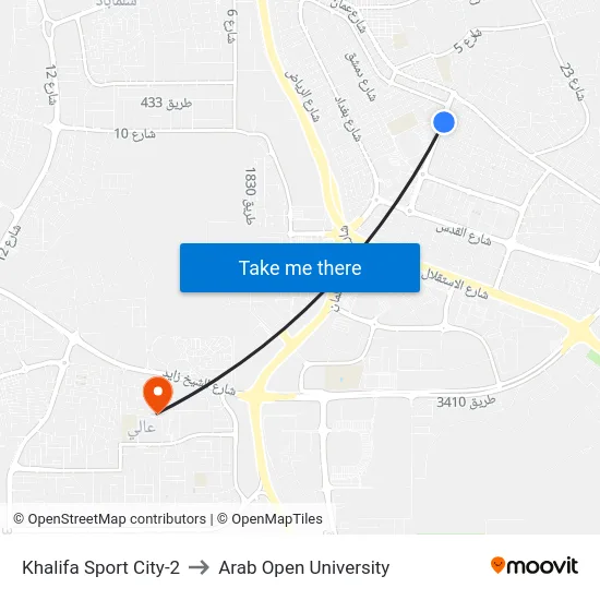 Khalifa Sport City-2 to Arab Open University map