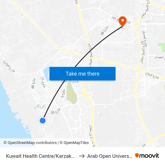 Kuwait Health Centre/Karzakkan to Arab Open University map