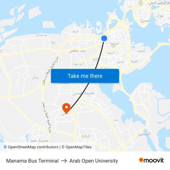 Manama Bus Terminal to Arab Open University map