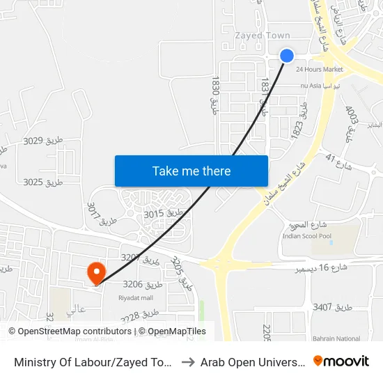 Ministry Of Labour/Zayed Town to Arab Open University map