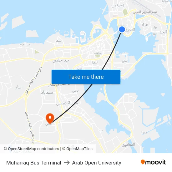 Muharraq Bus Terminal to Arab Open University map