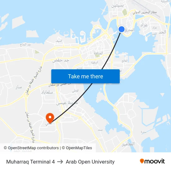 Muharraq Terminal 4 to Arab Open University map