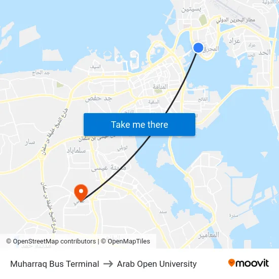 Muharraq Bus Terminal to Arab Open University map