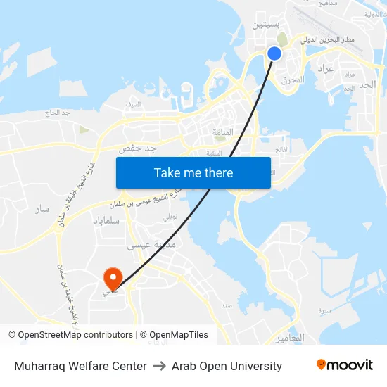 Muharraq Welfare Center to Arab Open University map