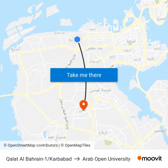 Qalat Al Bahrain-1/Karbabad to Arab Open University map