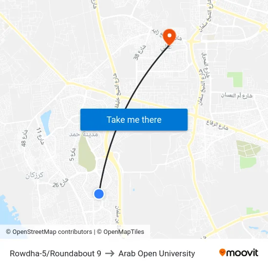 Rowdha-5/Roundabout 9 to Arab Open University map