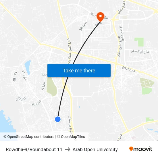 Rowdha-9/Roundabout 11 to Arab Open University map