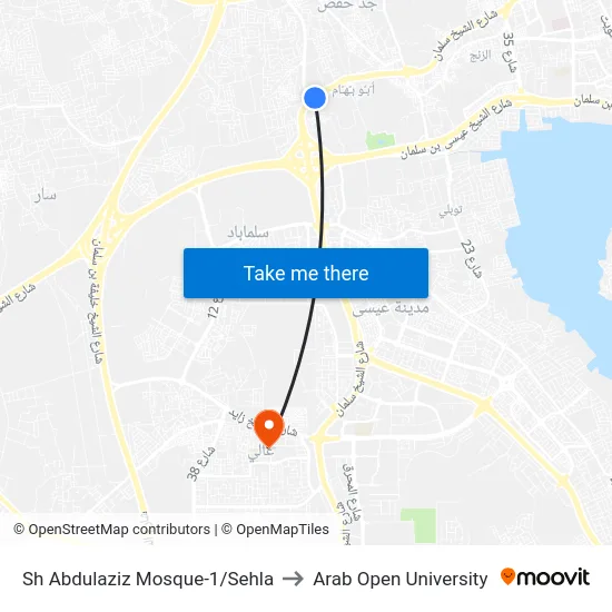 Sh Abdulaziz Mosque-1/Sehla to Arab Open University map