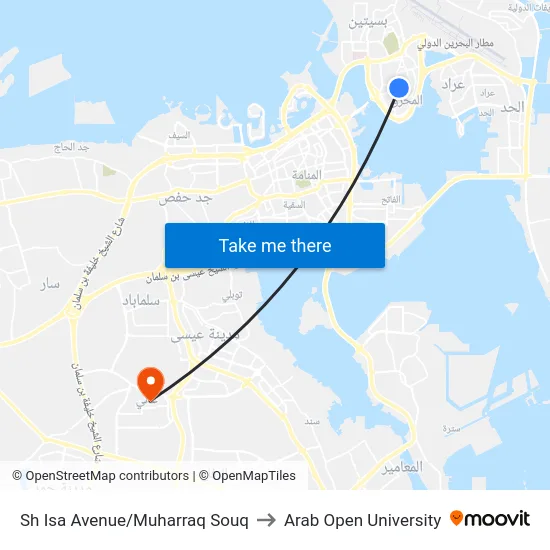 Sh Isa Avenue/Muharraq Souq to Arab Open University map