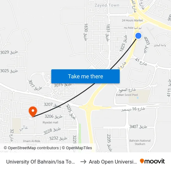 University Of Bahrain/Isa Town to Arab Open University map