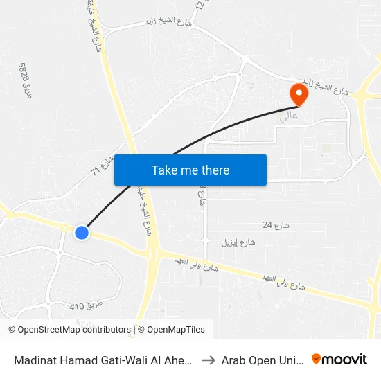Madinat Hamad Gati-Wali Al Ahed Highway-2 to Arab Open University map