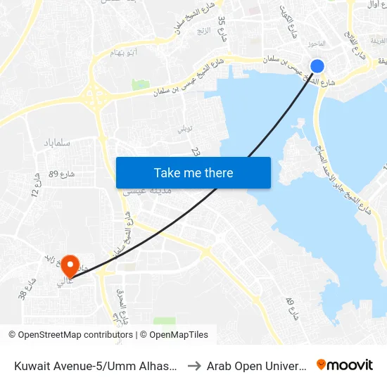 Kuwait Avenue-5/Umm Alhassam to Arab Open University map