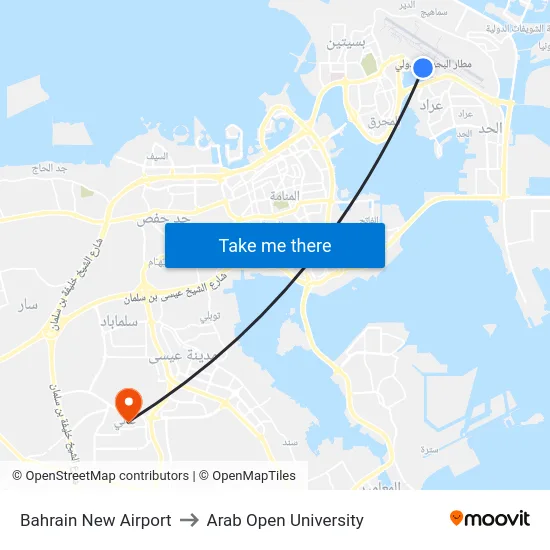 Bahrain New Airport to Arab Open University map