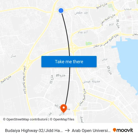 Budaiya Highway-32/Jidd Hafs to Arab Open University map