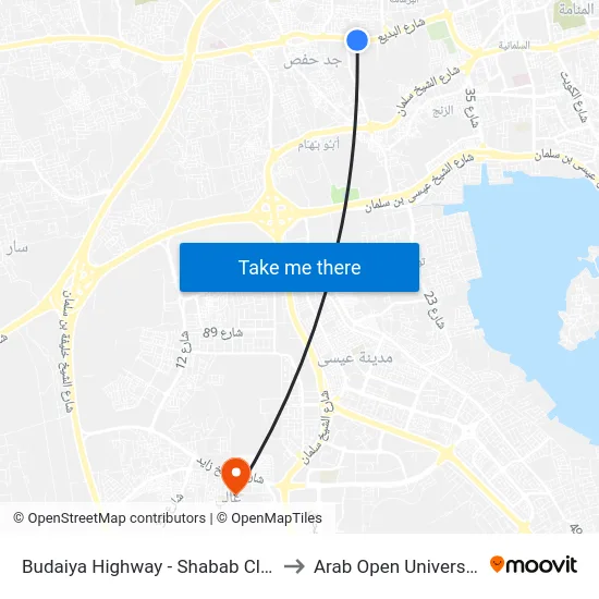 Budaiya Highway - Shabab Club to Arab Open University map