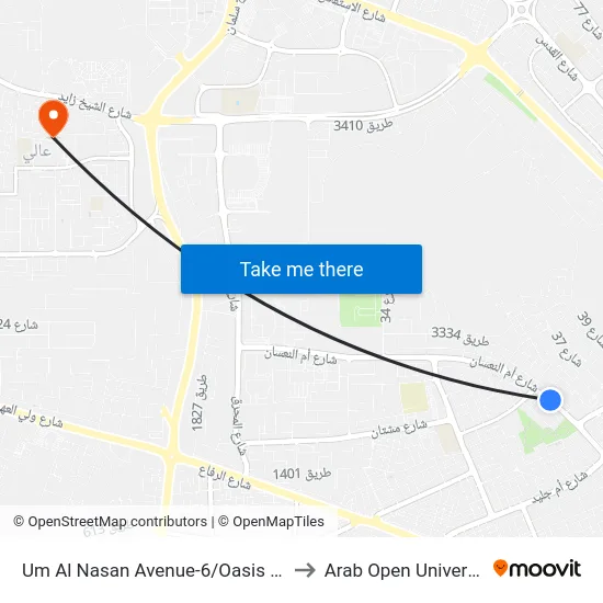 Um Al Nasan Avenue-6/Oasis Mall to Arab Open University map