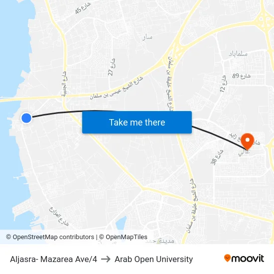 Aljasra- Mazarea Ave/4 to Arab Open University map