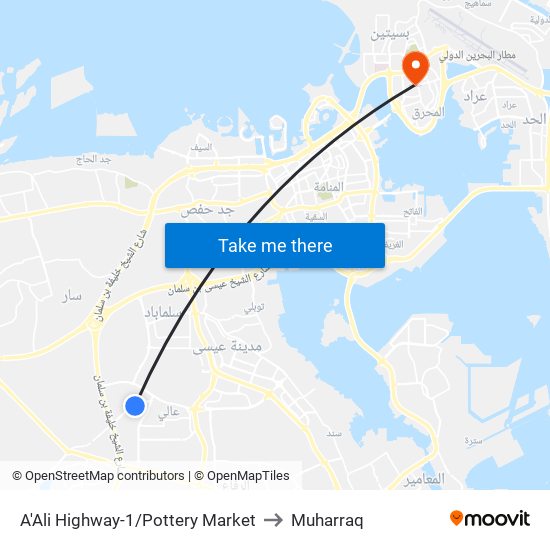 A'Ali Highway-1/Pottery Market to Muharraq map