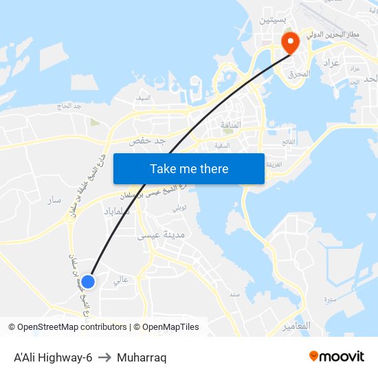A'Ali Highway-6 to Muharraq map