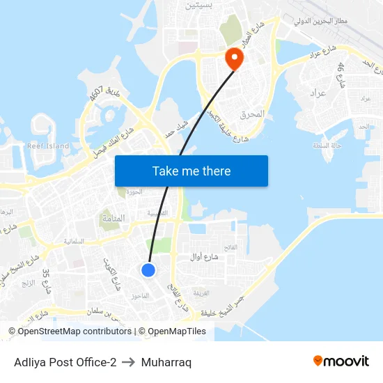 Adliya Post Office-2 to Muharraq map