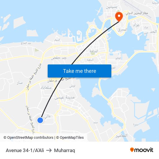 Avenue 34-1/A'Ali to Muharraq map