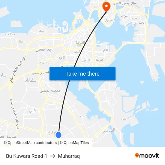 Bu Kuwara Road-1 to Muharraq map