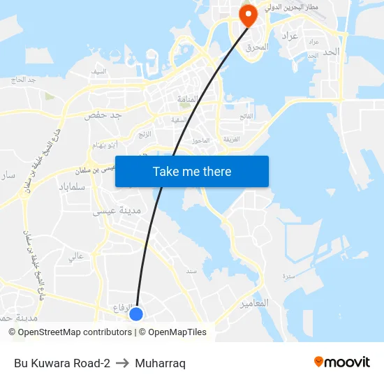 Bu Kuwara Road-2 to Muharraq map
