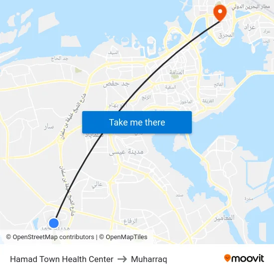 Hamad Town Health Center to Muharraq map