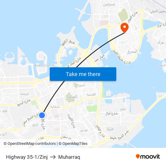 Highway 35-1/Zinj to Muharraq map