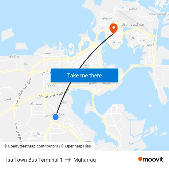 Isa Town Bus Terminal 1 to Muharraq map