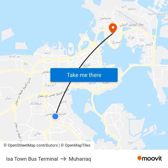 Isa Town Bus Terminal to Muharraq map