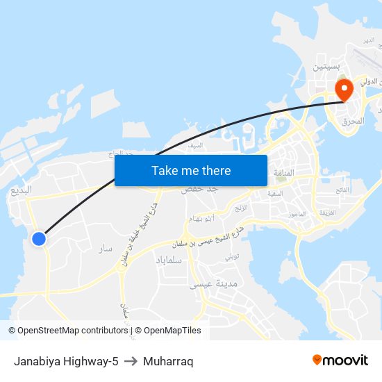 Janabiya Highway-5 to Muharraq map