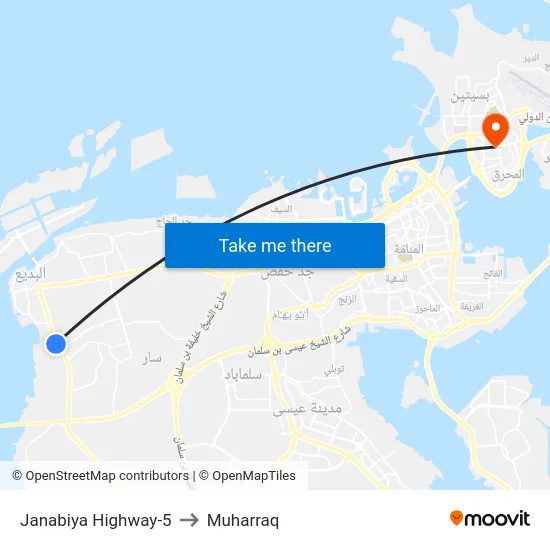 Janabiya Highway-5 to Muharraq map