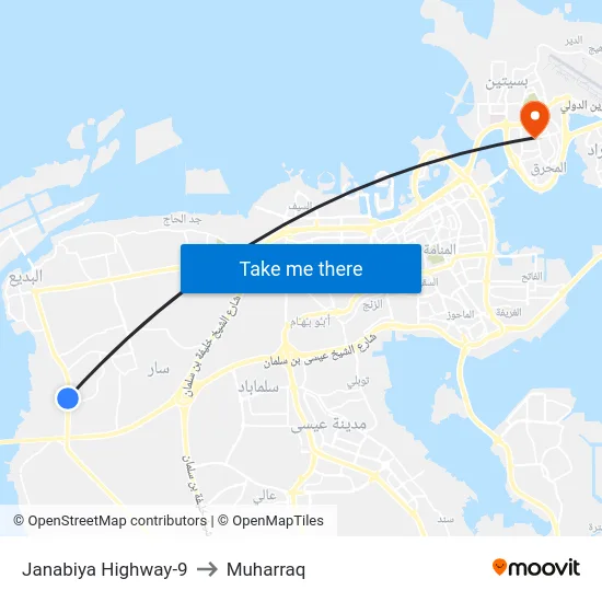 Janabiya Highway-9 to Muharraq map