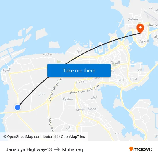 Janabiya Highway-13 to Muharraq map