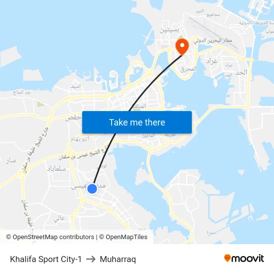 Khalifa Sport City-1 to Muharraq map